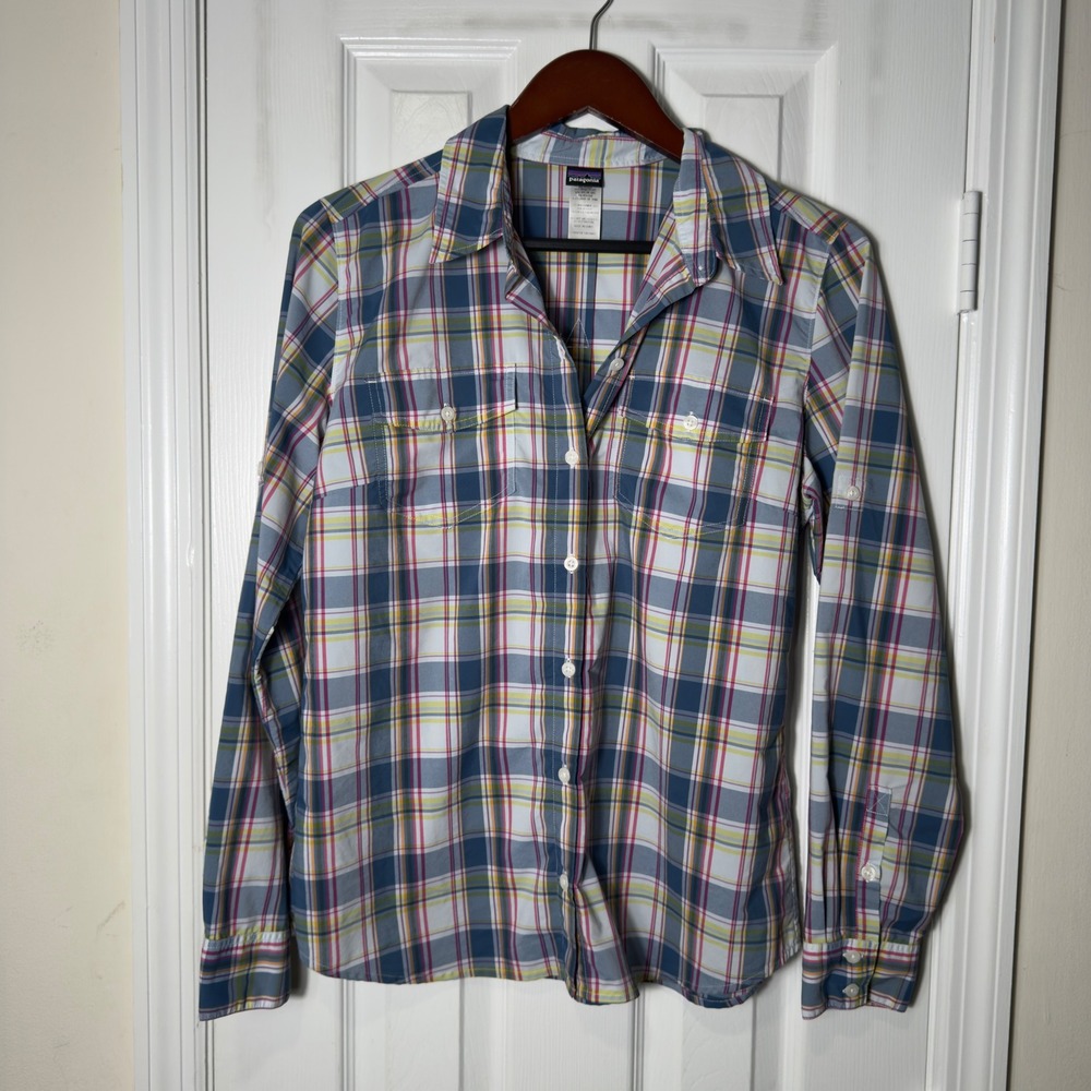 Patagonia Plaid Button Down Shirt Women's 12‎ Blue Pink Outdoor Hiking Light